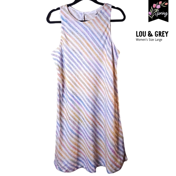 Lou & Grey Swing Dress Sleeveless Rainbow Stripe Pastel Spring Sz Large - Picture 1 of 9